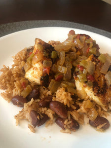 Grouper with Onion and Green Chilies Brown Butter on Red Beans and Rice